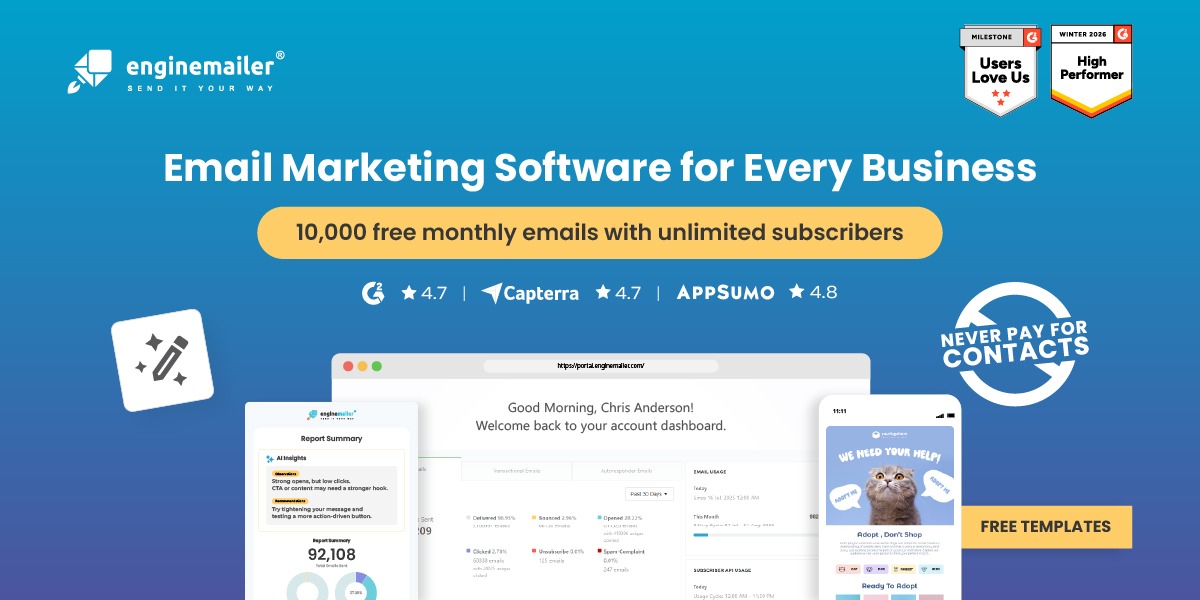 "Enginemailer email marketing software advertisement featuring features like 10,000 free emails per month and unlimited subscribers."