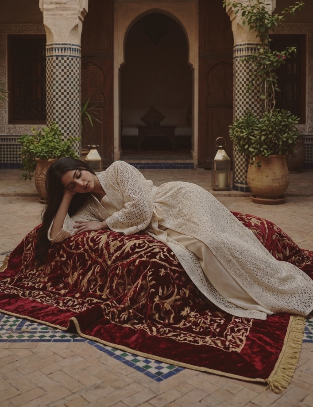 Woman in a white robe resting on a velvet embroidered pillow in a traditional Moroccan setting.