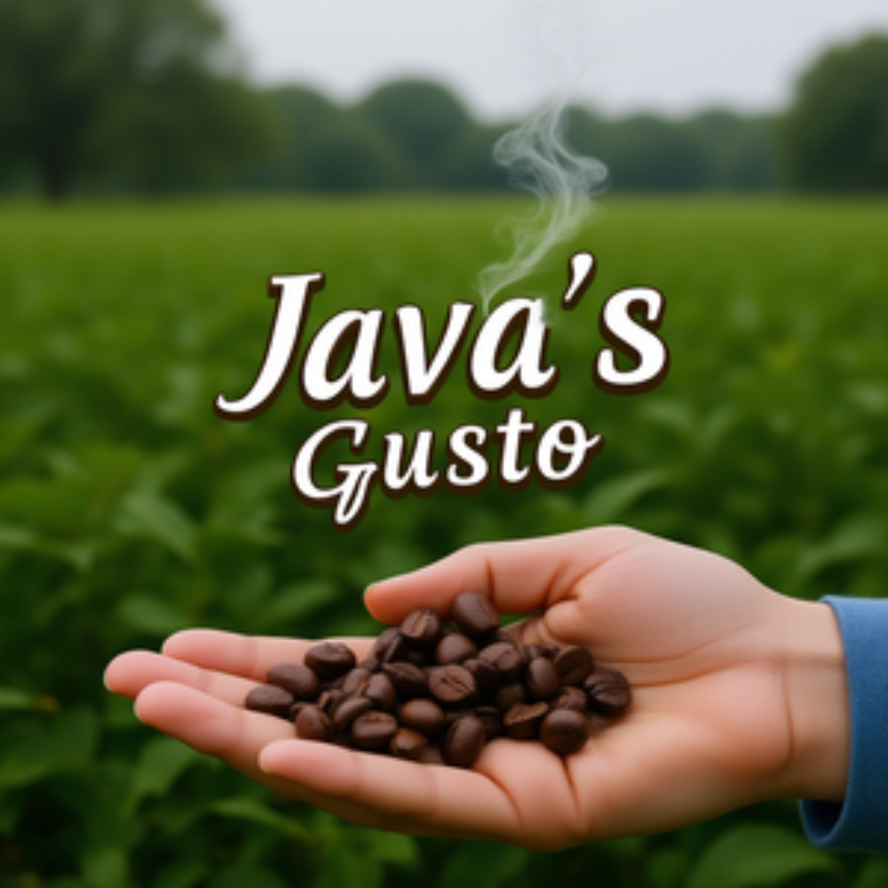 Java’s Gusto logo with a hand holding coffee beans against a green field backdrop.