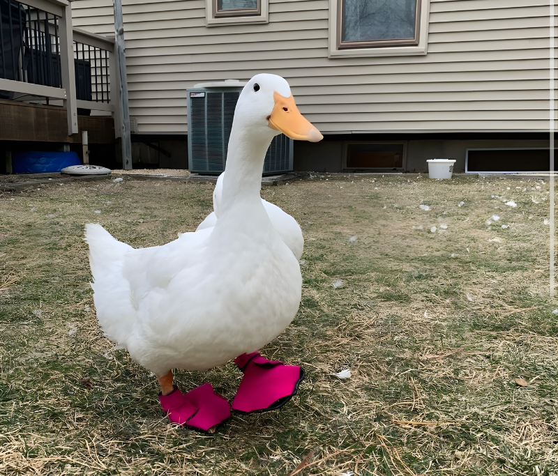 White duck wearing bright pink protective booties standing on grass near a house.
