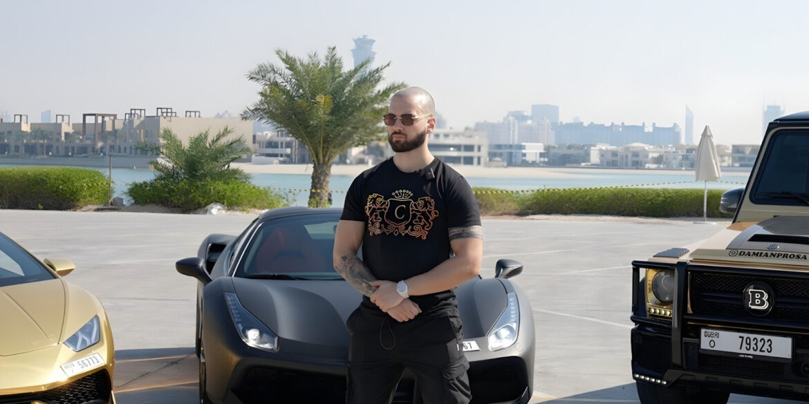 Damianos Prosalentis standing confidently beside luxury cars, embodying his entrepreneurial success and vision for Conclavio Academy.