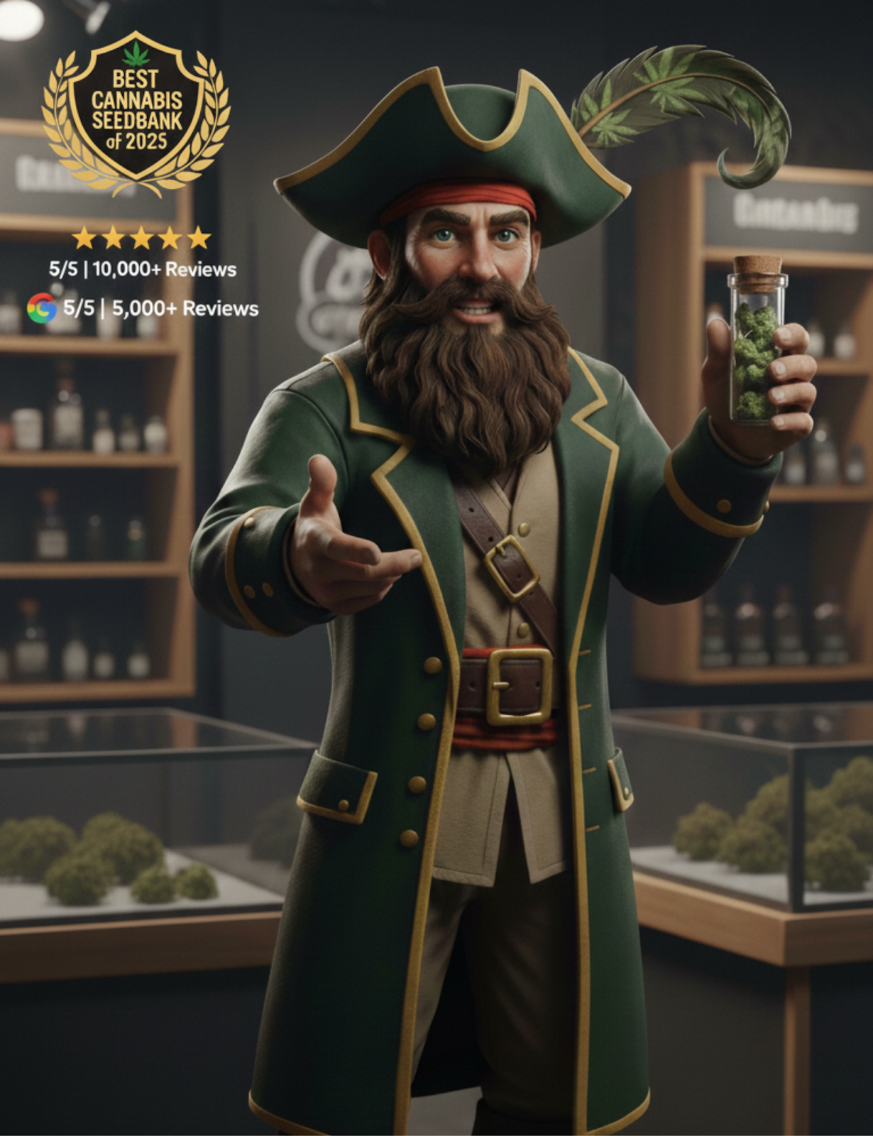 "3D-rendered pirate holding cannabis in a jar, promoting Captain Seeds with awards."