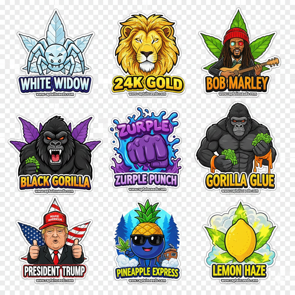 "Various cannabis strain-themed stickers, including White Widow, Bob Marley, and Gorilla Glue."