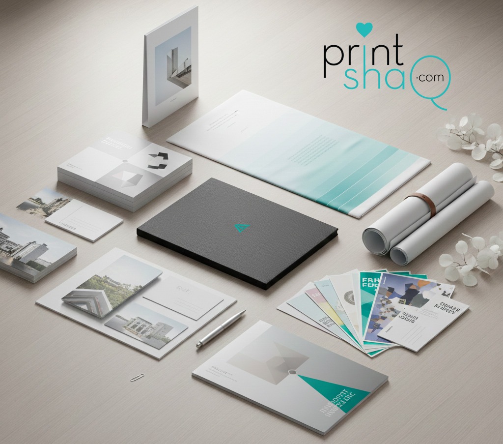 Brand Collateral Image: A collection of print materials showcasing professional branding and design from printshaQ.