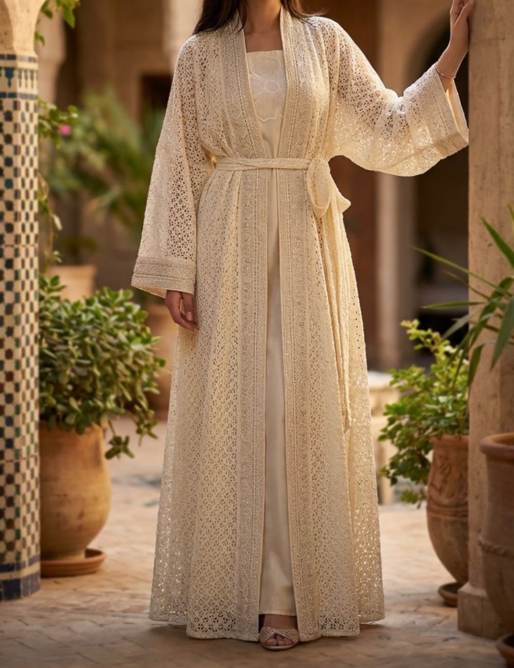 Woman in a beige lace robe with intricate detailing, standing in a Moroccan courtyard with plants.
