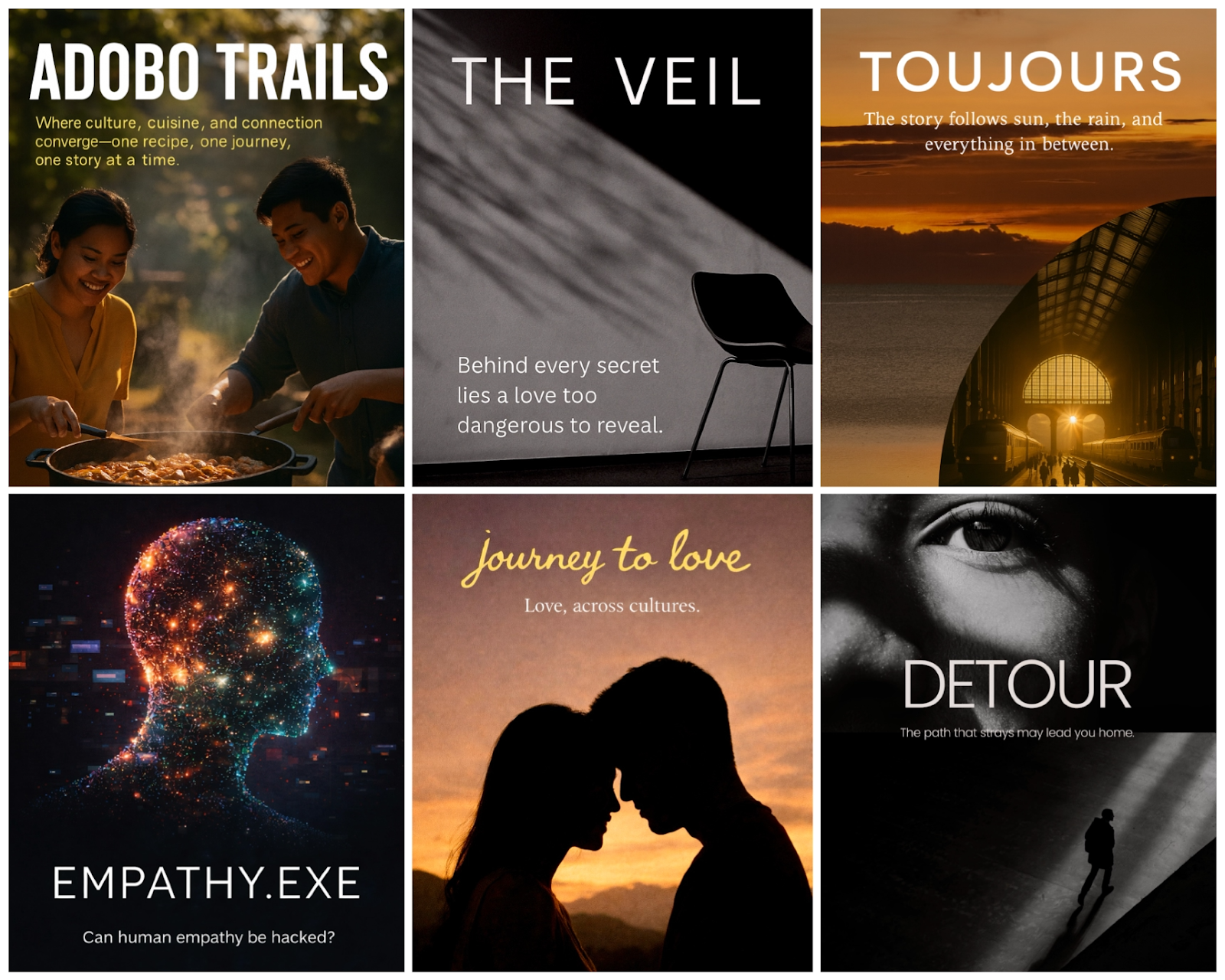 Collage of movie poster concepts featuring titles like "Adobo Trails," "The Veil," and "Toujours."