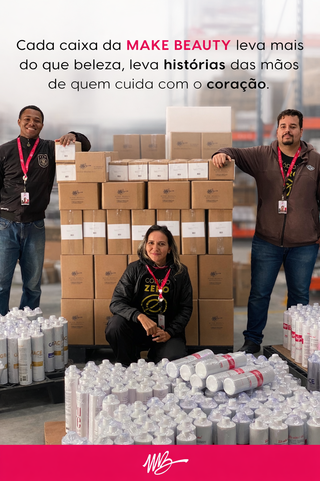 Employees at Make Beauty International's warehouse showcasing their commitment to quality and care in production.