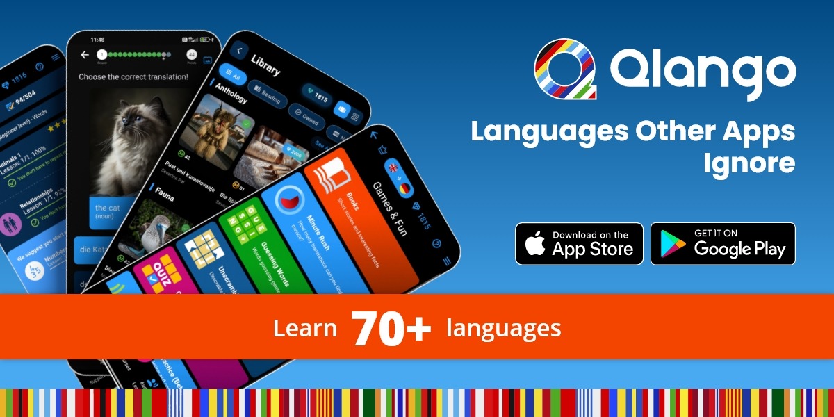AI Language Learning App with Explanations and Context Image of app interface with language-learning features and app store links.