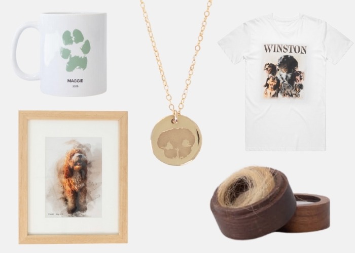 Memorial items, including a pet mug, necklace, t-shirt, and framed photo.