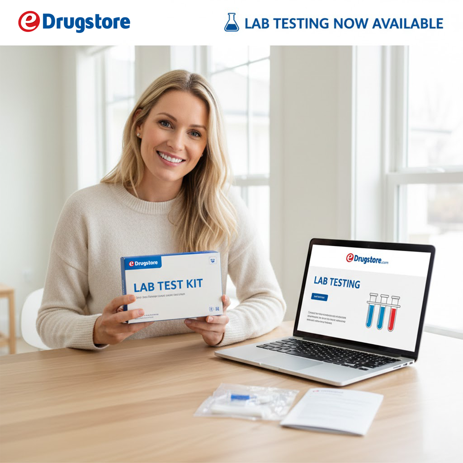Woman holding a lab test kit with a laptop showing lab testing information.