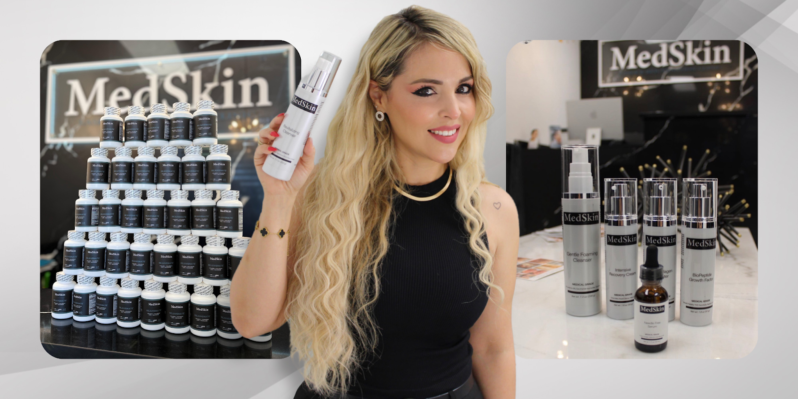 Reyna Enriquez showcasing MedSkin's skincare products with a display of bottles and packaging.