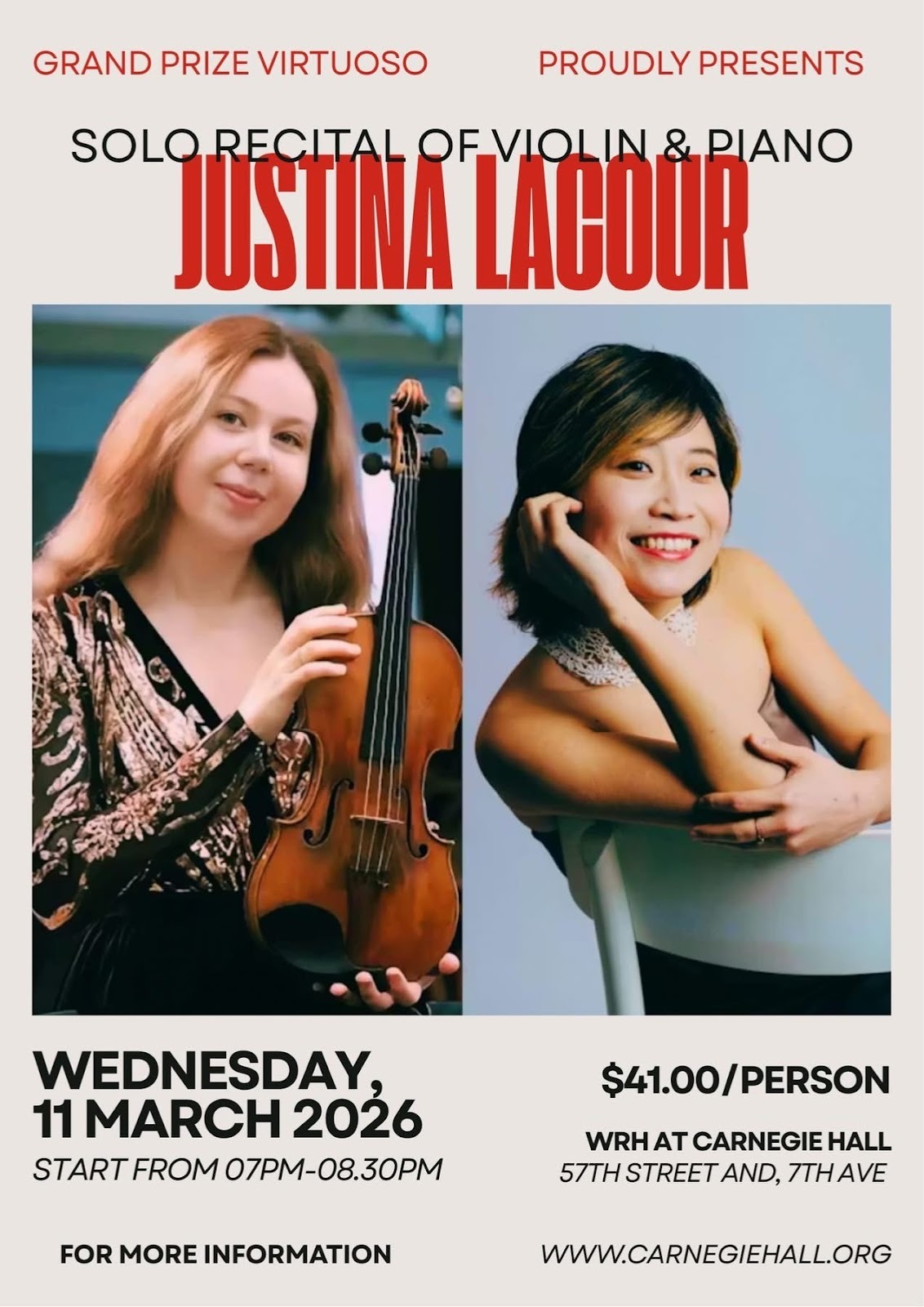 Concert poster for Justina la Cour's solo recital at Carnegie Hall.