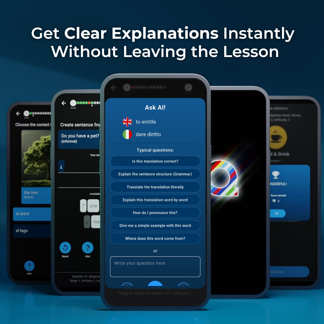 Instant Language Explanations and Grammar Breakdown Image of the AI tutor answering language questions and providing explanations in-app.