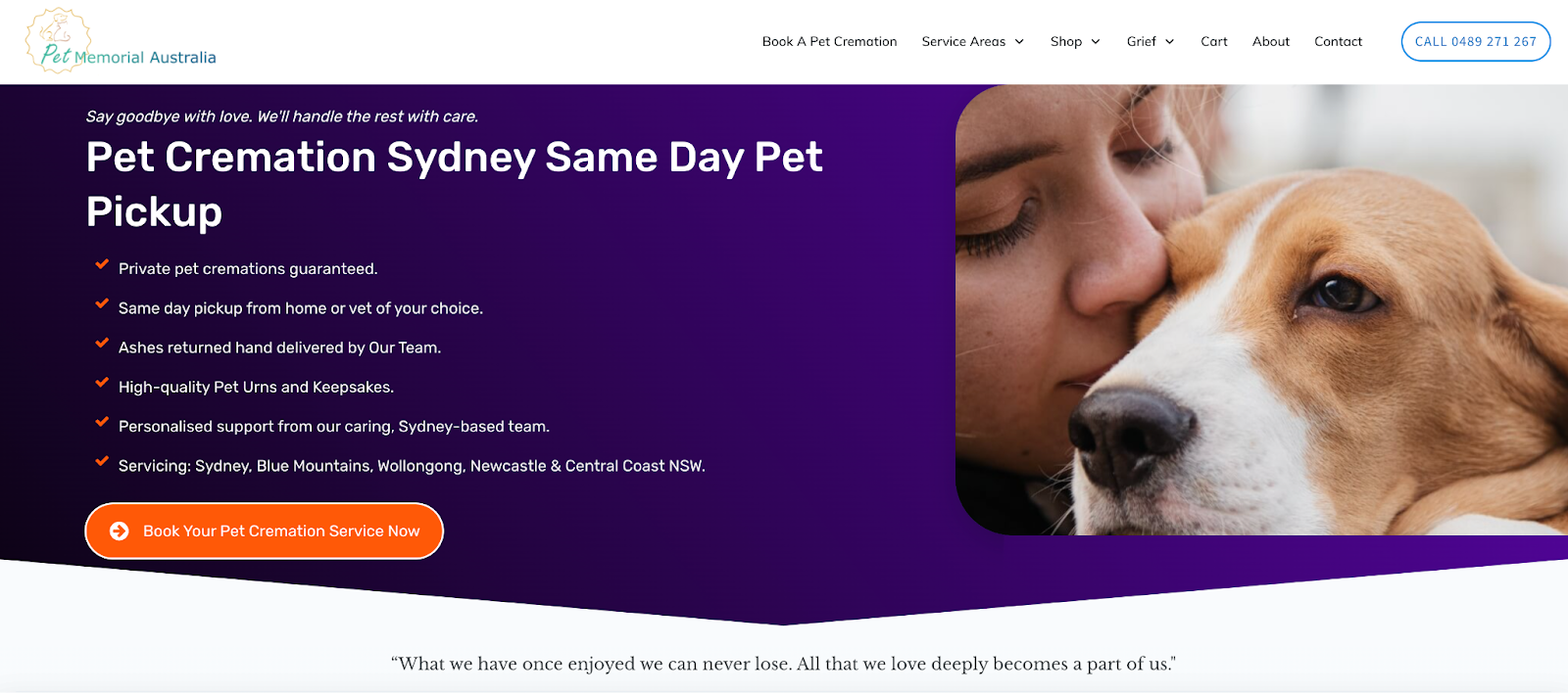 Pet Memorial Australia website offering pet cremation services and memorial products.
