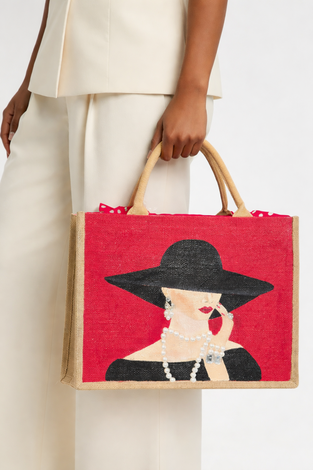 Model holding a hand-painted tote featuring a chic woman in a black hat and pearls.
