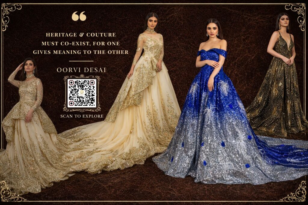 Three women in elegant gowns with the text "the most beautiful gowns," showcasing luxury fashion by Oorvi Desai London.