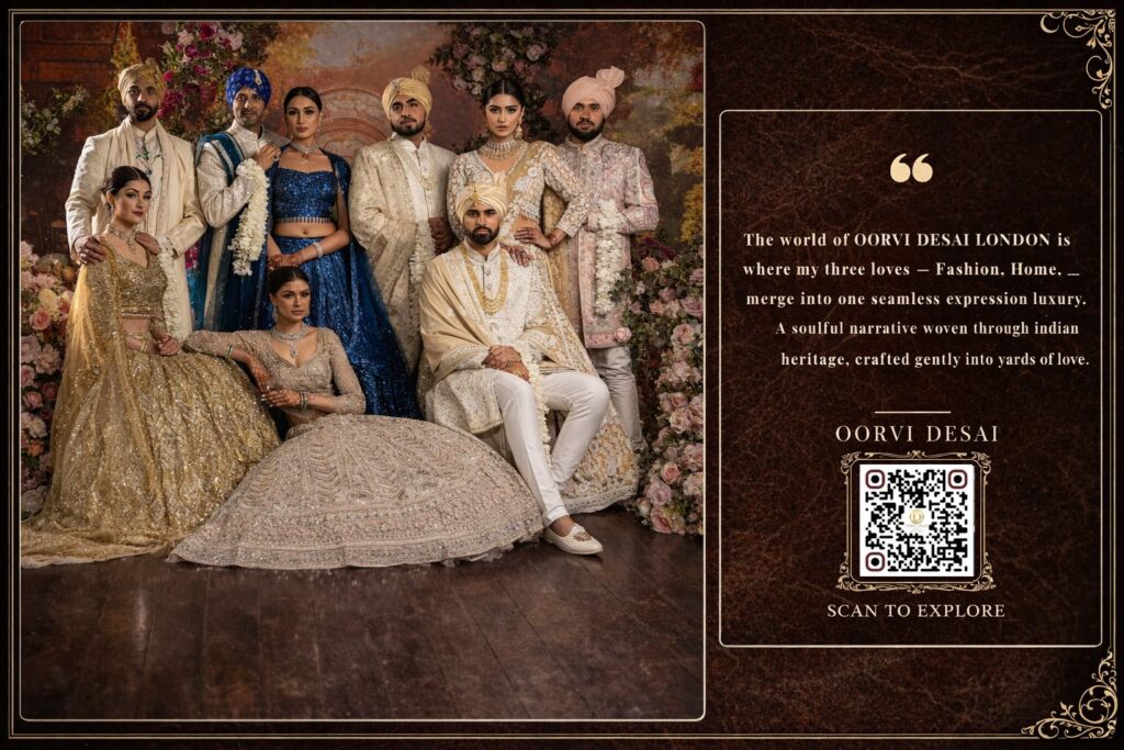 Indian wedding party poses joyfully for a group photo, showcasing vibrant attire and traditional decorations in the background.