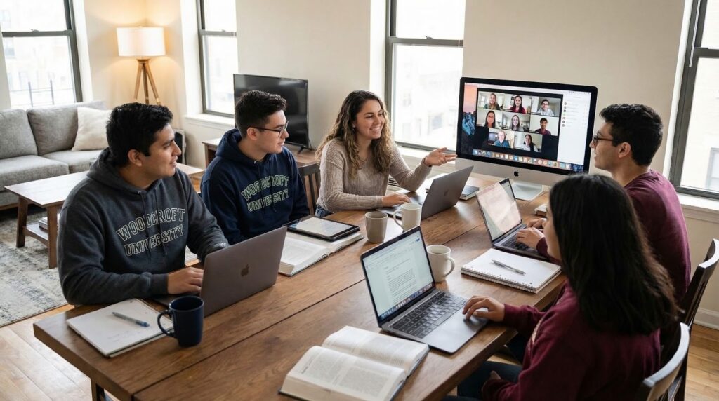 A diverse group of students collaborates around a table, each using laptops in a modern learning environment.