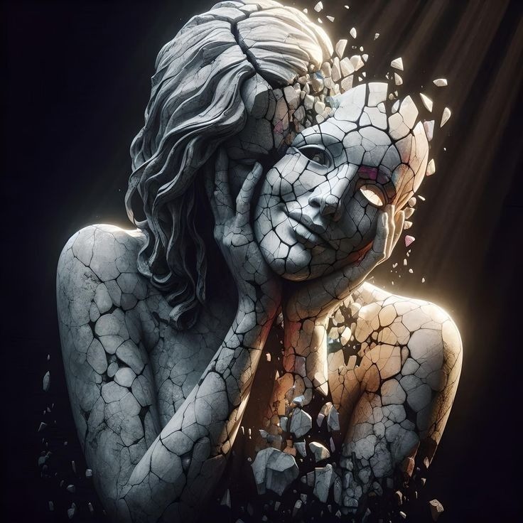 A woman’s face is partially obscured by rubble, symbolizing her struggle and resilience in overcoming trauma and identity loss.