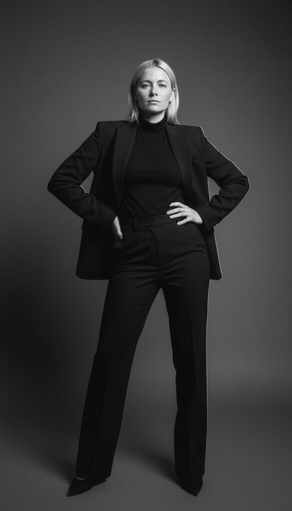 Full-body portrait of woman in black suit, hands on hips, confident stance against gray background.