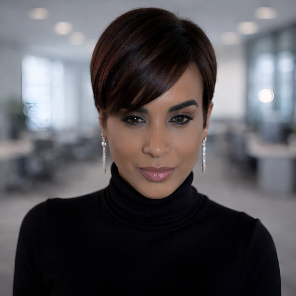 A close-up of Arianna Luna, a woman with short hair and earrings, showcasing her vibrant personality.