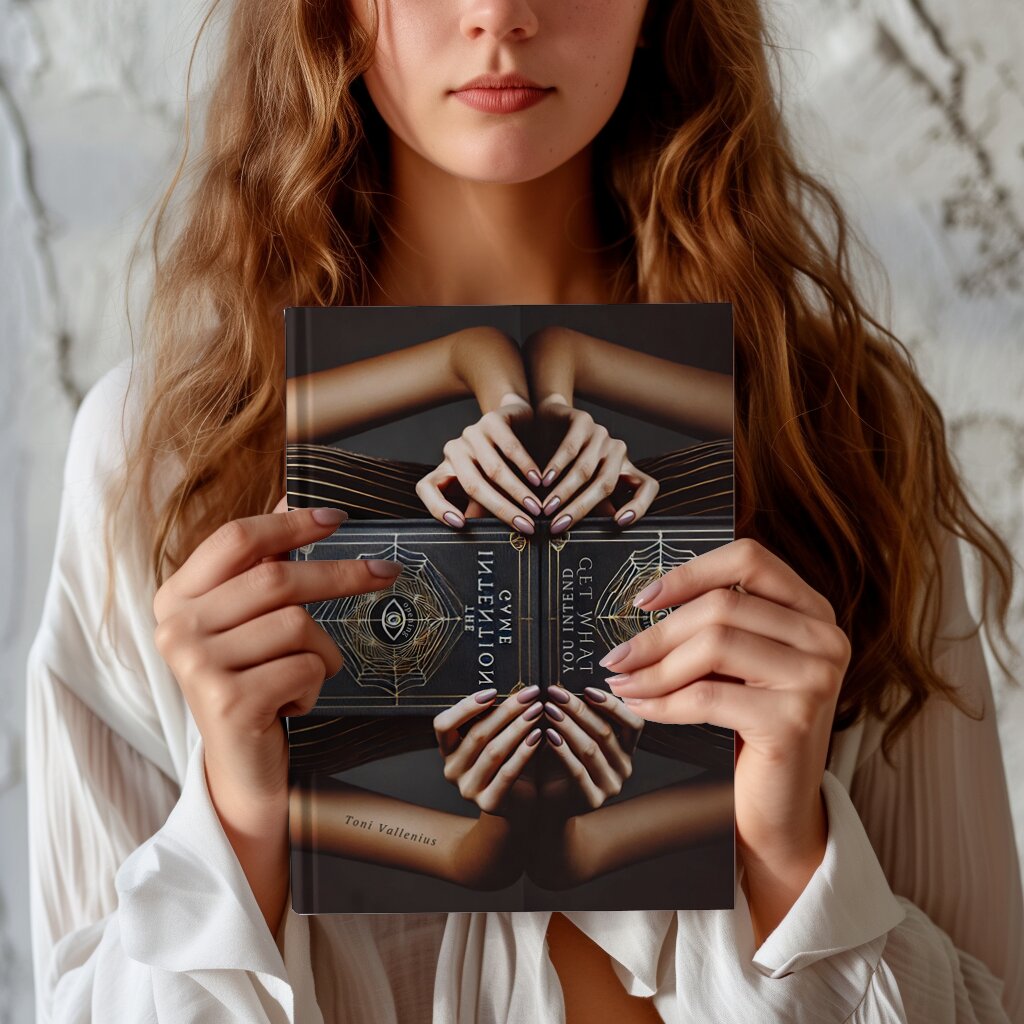 A woman holds up a book titled "The Intention Game," showcasing her enthusiasm for personal development and intentional living.