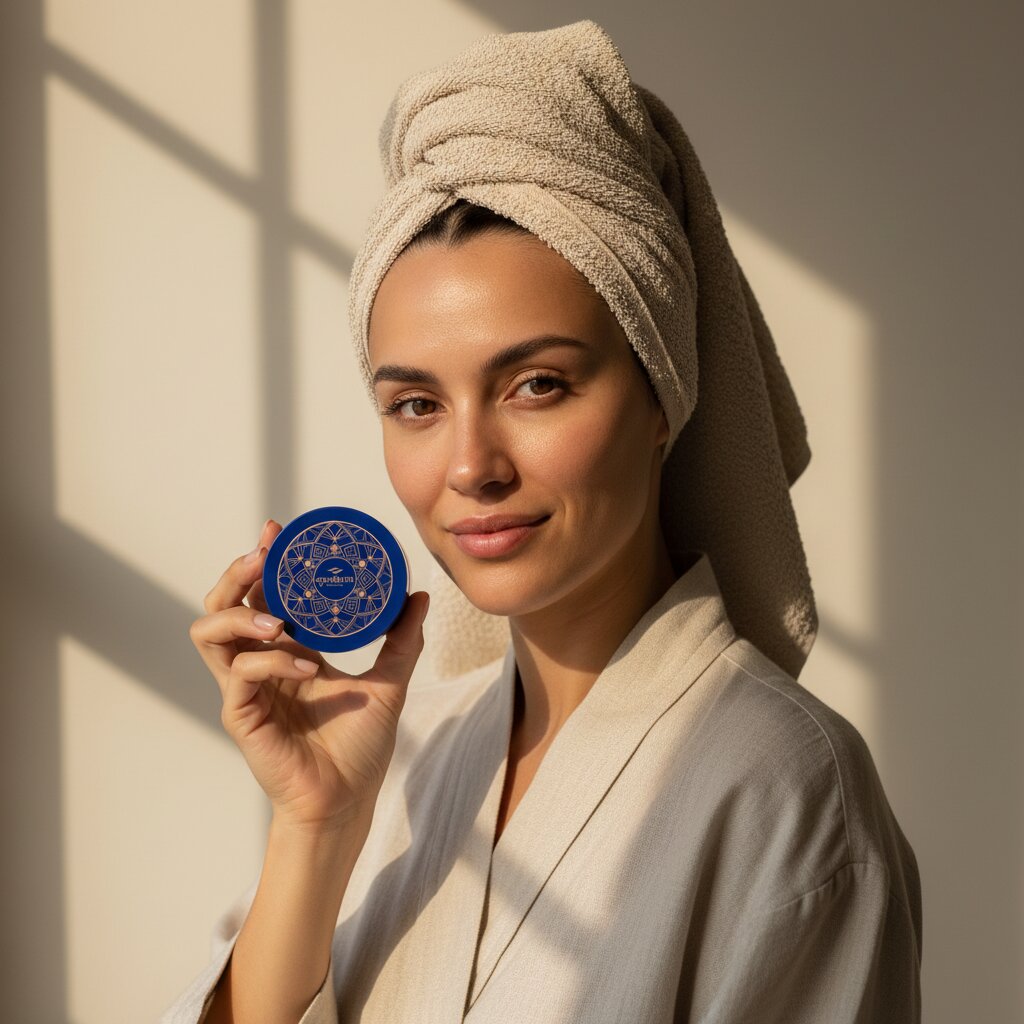  A woman in a bathrobe holds a blue jar, appearing relaxed and ready for self-care.