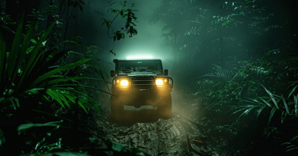 A jeep navigates through a dense jungle at night, surrounded by shadows and the sounds of wildlife.