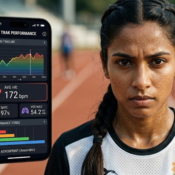 A woman stands on a track with an iPhone, illustrating the role of technology in enhancing sports analytics and engagement.