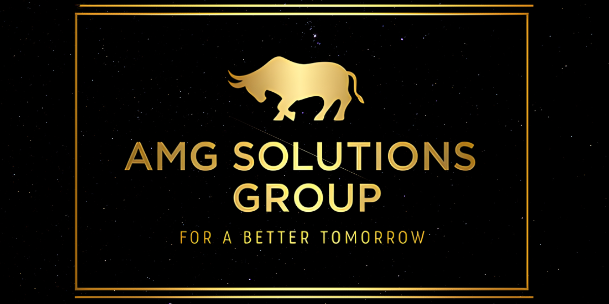 AMG Solutions Group gold bull logo with slogan “For a Better Tomorrow” on black starry background.