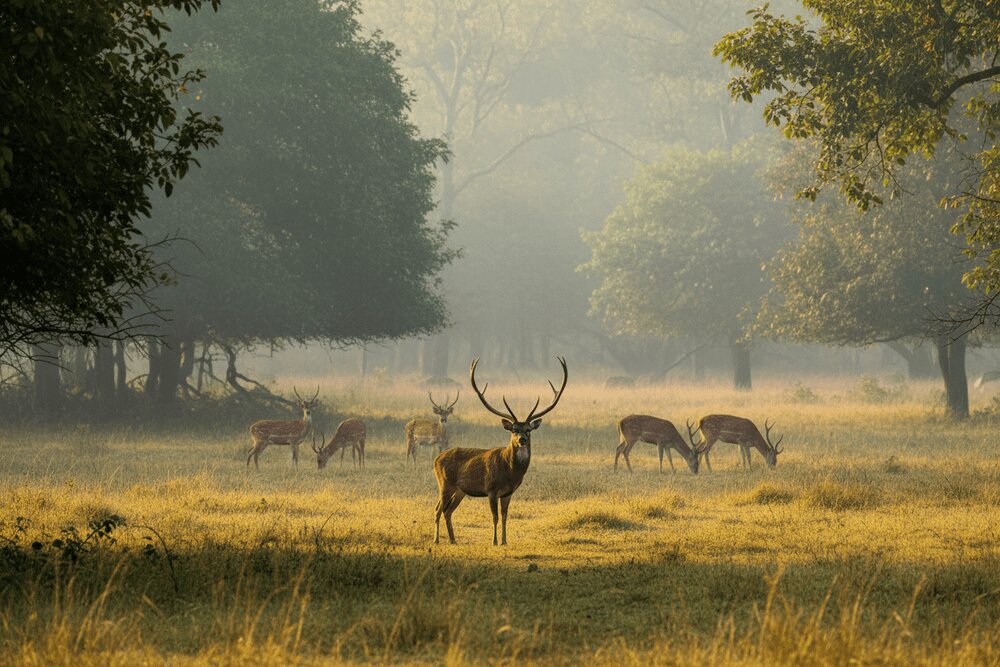 A herd of deer grazes peacefully in a lush field surrounded by trees, showcasing a serene wildlife moment in nature.