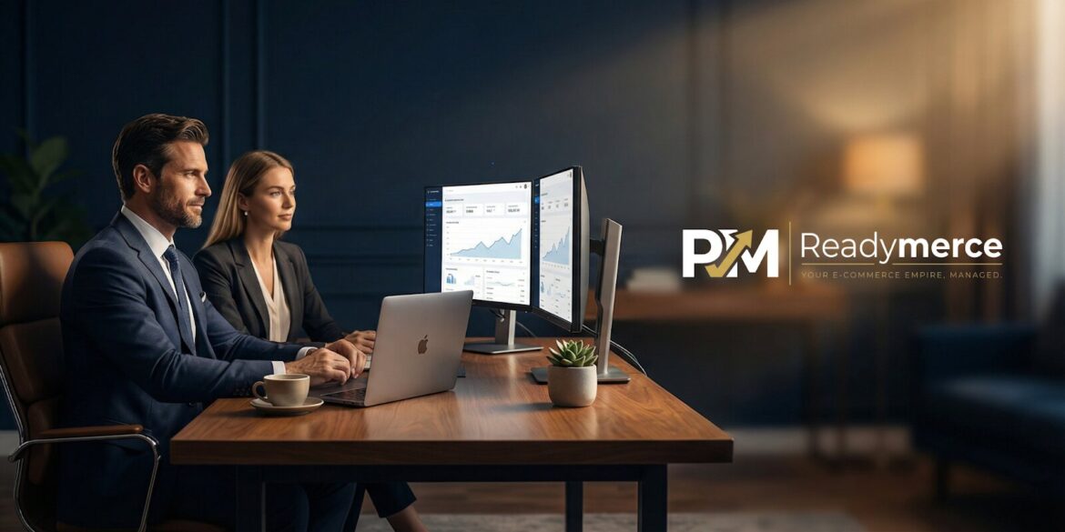 Visual showcasing PMC Readymade, a service enabling entrepreneurs to launch online stores effortlessly with data-driven tools.