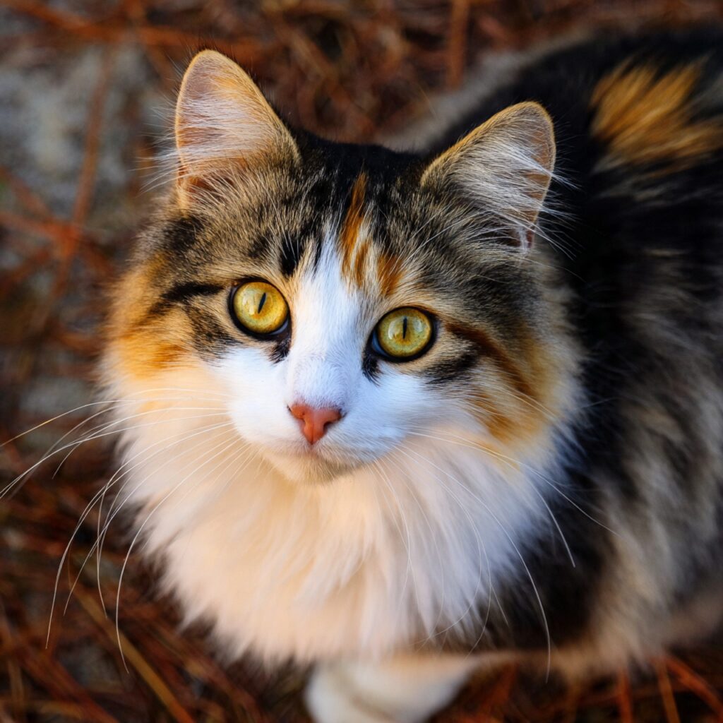 Close-up of fluffy calico cat with bright yellow eyes sitting among dried leaves.