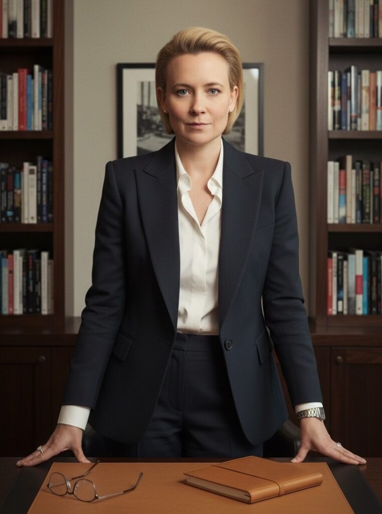 Professional woman in suit standing behind desk with glasses and notebook, bookshelves in office.