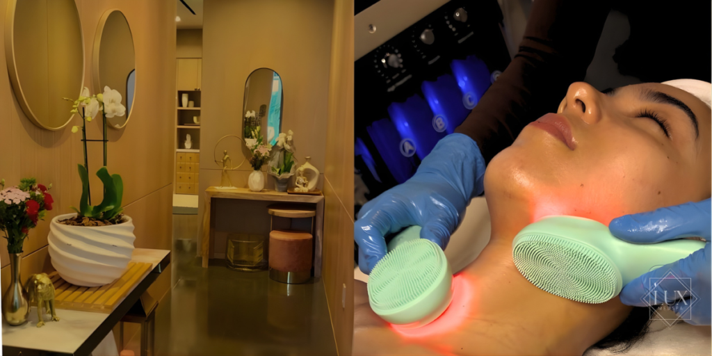 Serene spa interior and facial treatment with glowing device on woman's jawline.