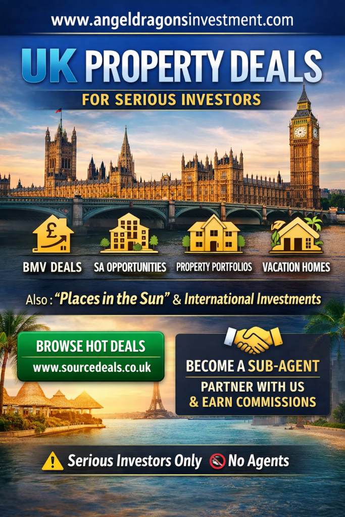 UK property investment advertisement featuring London skyline, Big Ben, and services for serious investors.