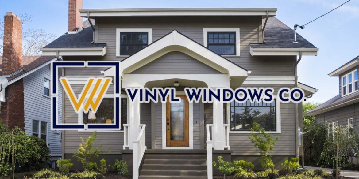 Vinyl Windows Co logo displayed over a modern home showcasing vinyl window installations designed for residential renovations and performance.