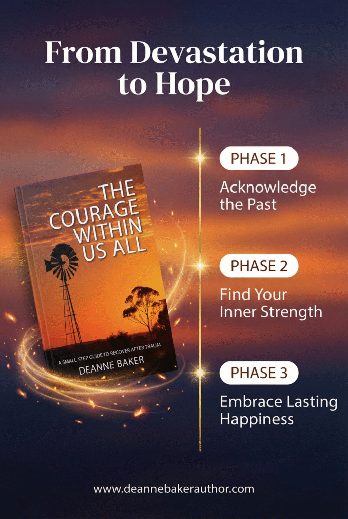 Promotional graphic of book “The Courage Within Us All” with three recovery phases from devastation to hope.