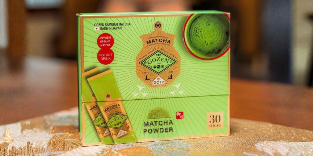 Box of Gozen matcha powder sticks with green tea, representing modern matcha consumption and cognitive benefits.