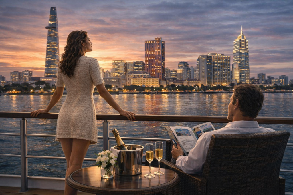 Couple enjoying champagne on cruise deck overlooking Saigon River and city skyline at sunset.