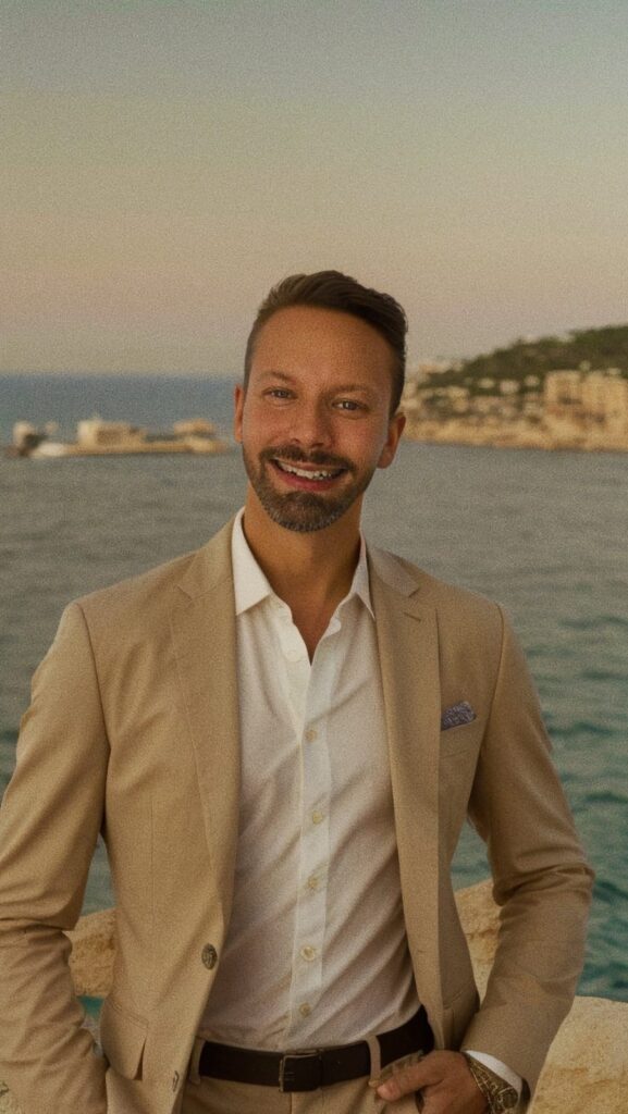 A man in a suit stands by the ocean, symbolizing a journey of personal development and intentional living.