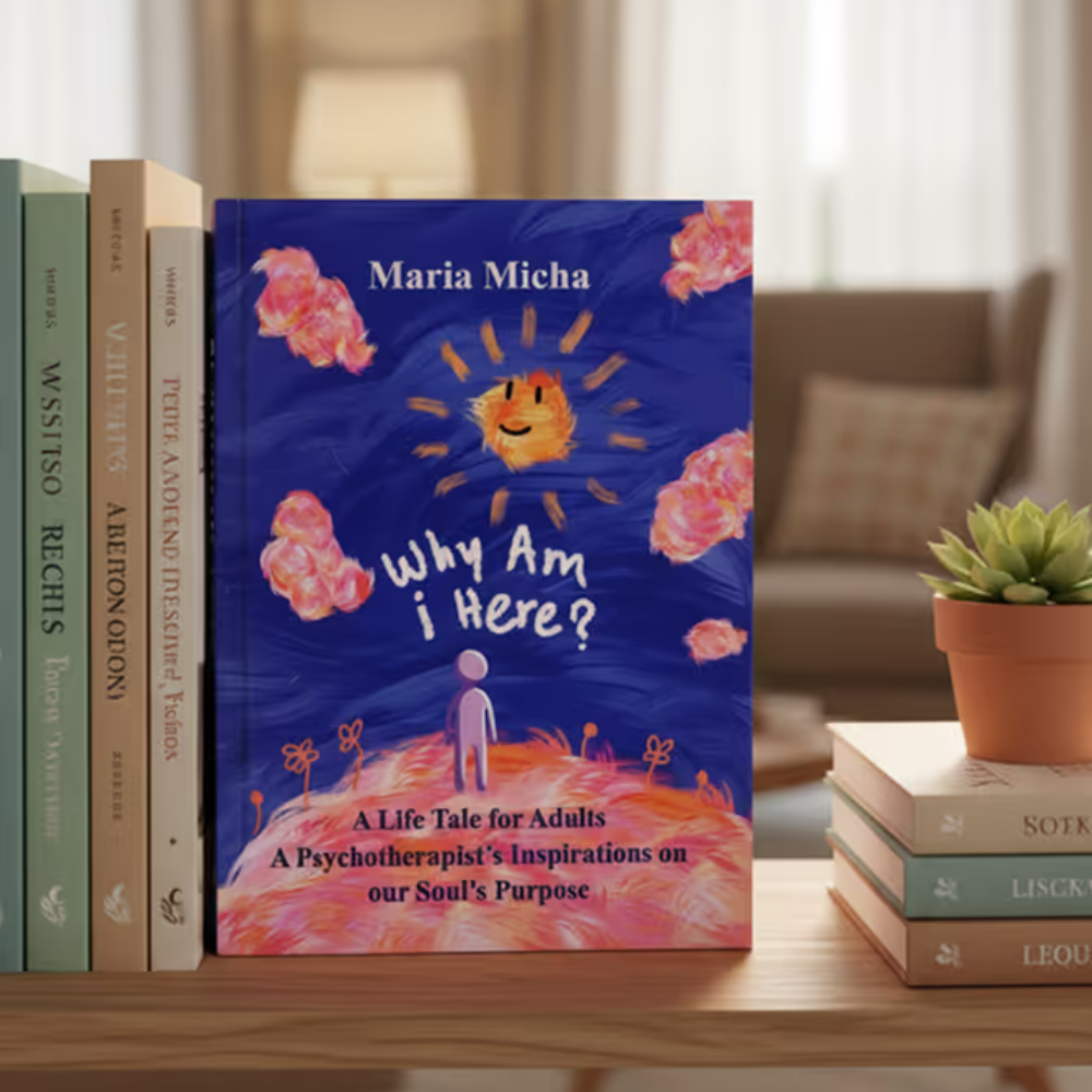 Book titled “Why Am I Here?” by Maria Micha displayed on table beside stacked books and small plant.