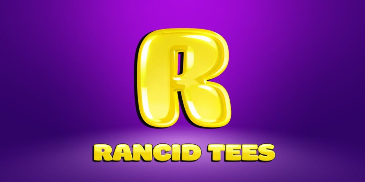 Yellow letter "R" on a vibrant purple background, representing Rancid Tees' bold and humorous streetwear style.
