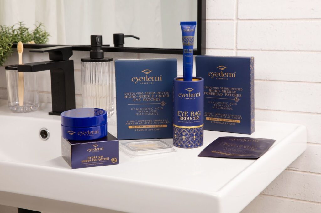 A display of the blue beauty collection featuring various skincare and makeup products in elegant packaging.