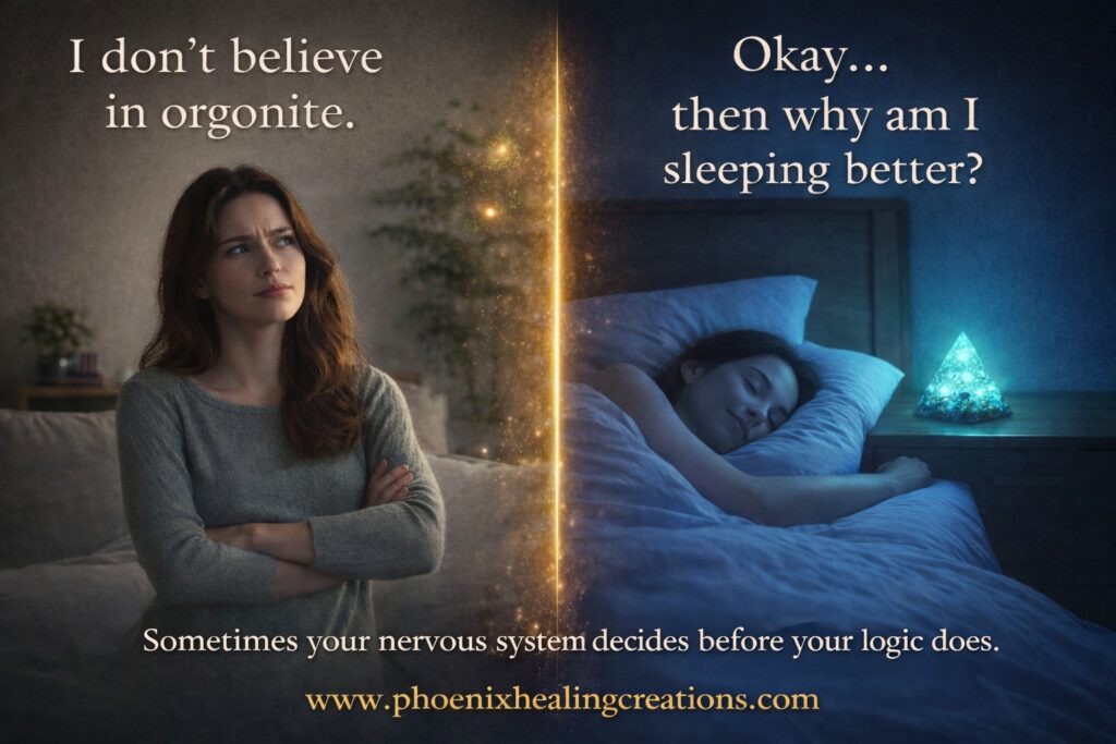 Woman resting in bed with the phrase: "Okay, I don't believe in organics, then when I'm sleeping better," highlighting wellness themes.