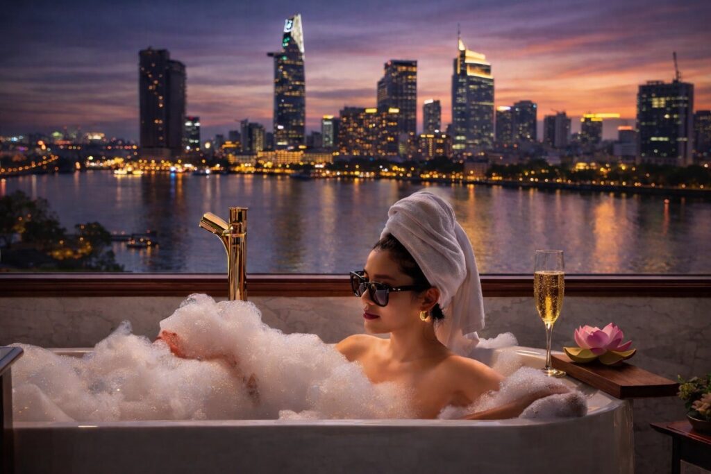Woman relaxing in bubble bath with champagne, overlooking Saigon River and city skyline at dusk.