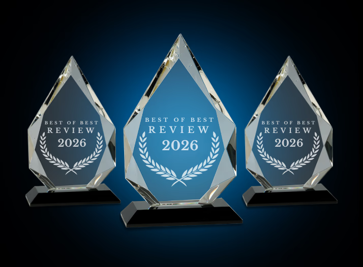 Three crystal awards labeled “Best of Best Review 2026” against dark blue background.