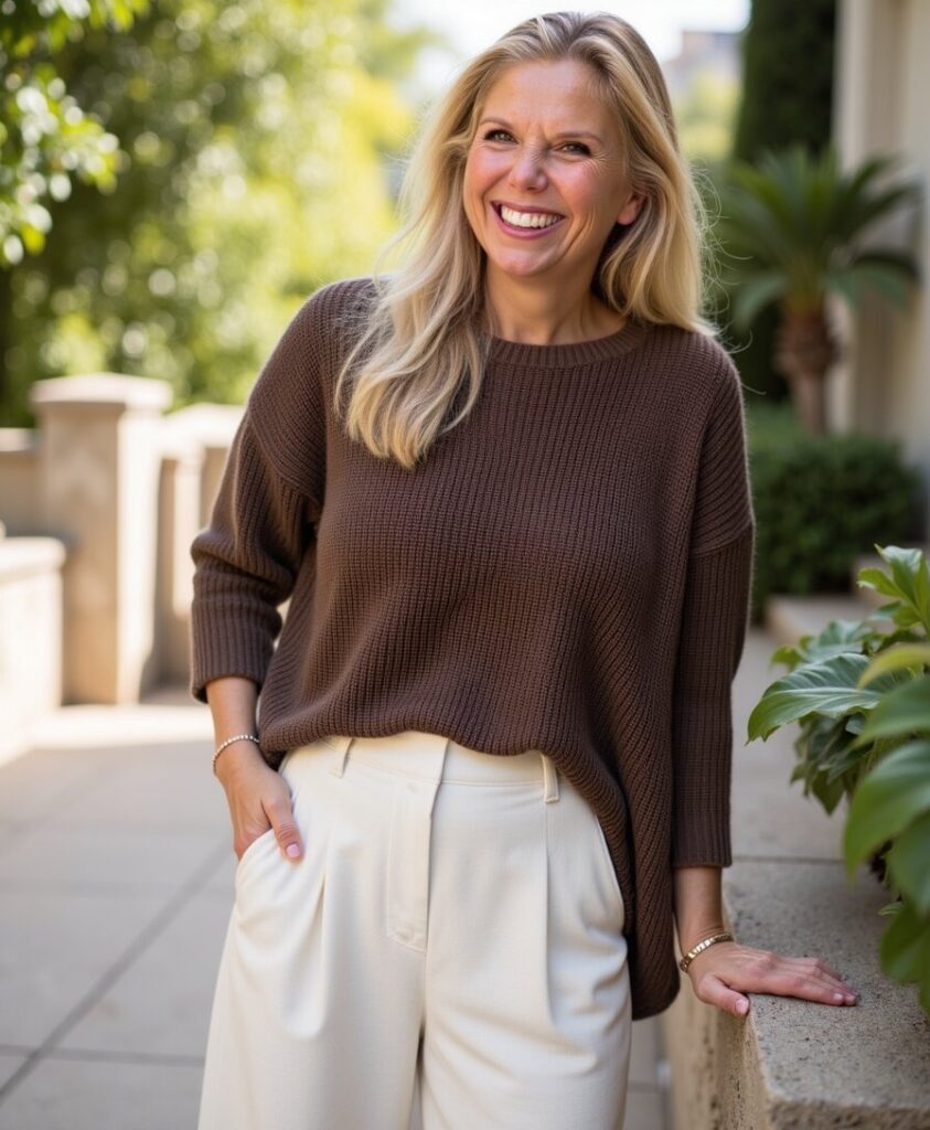 A smiling woman with long blonde hair stands outdoors, wearing a brown sweater and white pants. She leans against a stone railing, surrounded by greenery.
