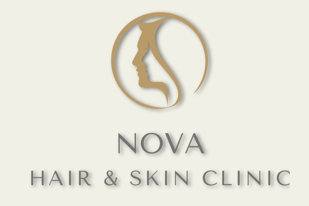 A golden silhouette of a face within a circular logo above the words "Nova Hair & Skin Clinic" in gray. Elegant and professional design.