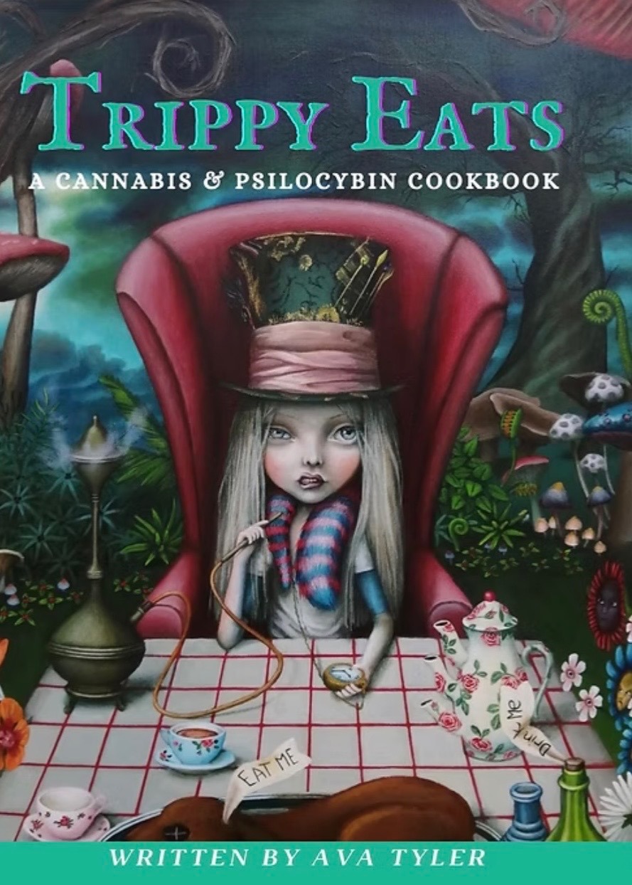 Cover of "Trippy Eats," featuring a surreal illustration of a girl in a hat, sitting at a table with a teapot, surrounded by mushrooms and greenery.